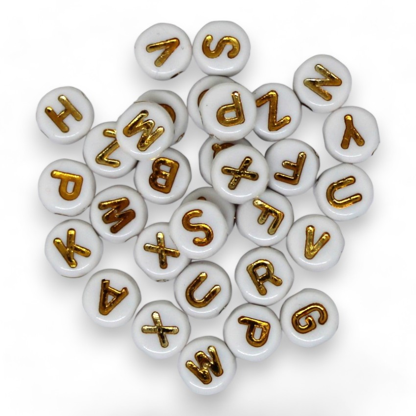 500 PERLES ACRYLIQUES RONDES  RONDES BLANCHES  ET LETTRES OR